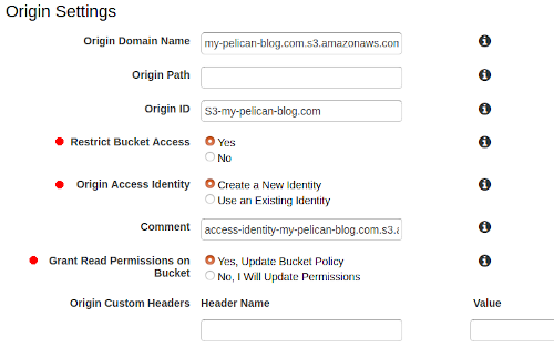 CloudFront distribution origin settings