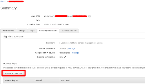 IAM user create access key